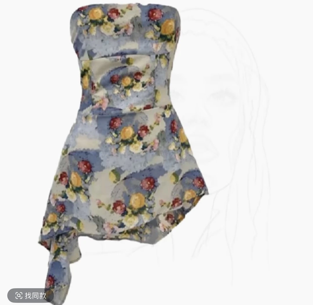 楚里大码女装抹胸不规则水墨画抹胸超薄