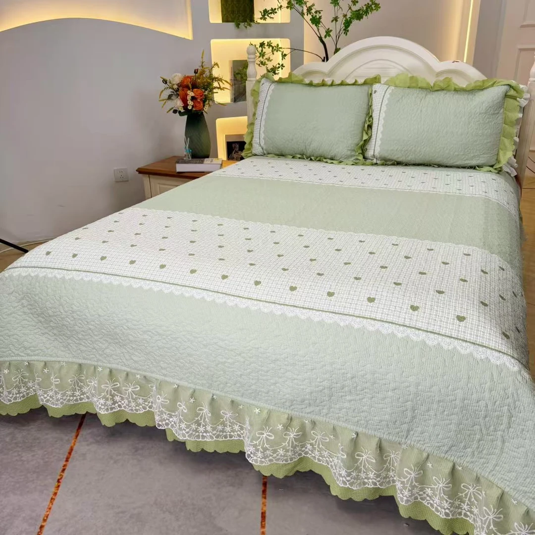 ◇春夏新品四季床盖泡芙棉双层纱蕾丝床裙可机洗床品F