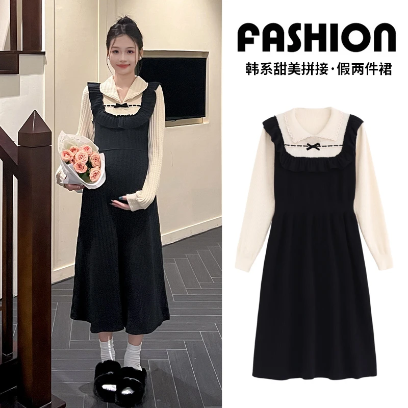 孕妇连衣裙2025秋季韩版新款时尚气质宽松拼接假两件秋冬款针织裙