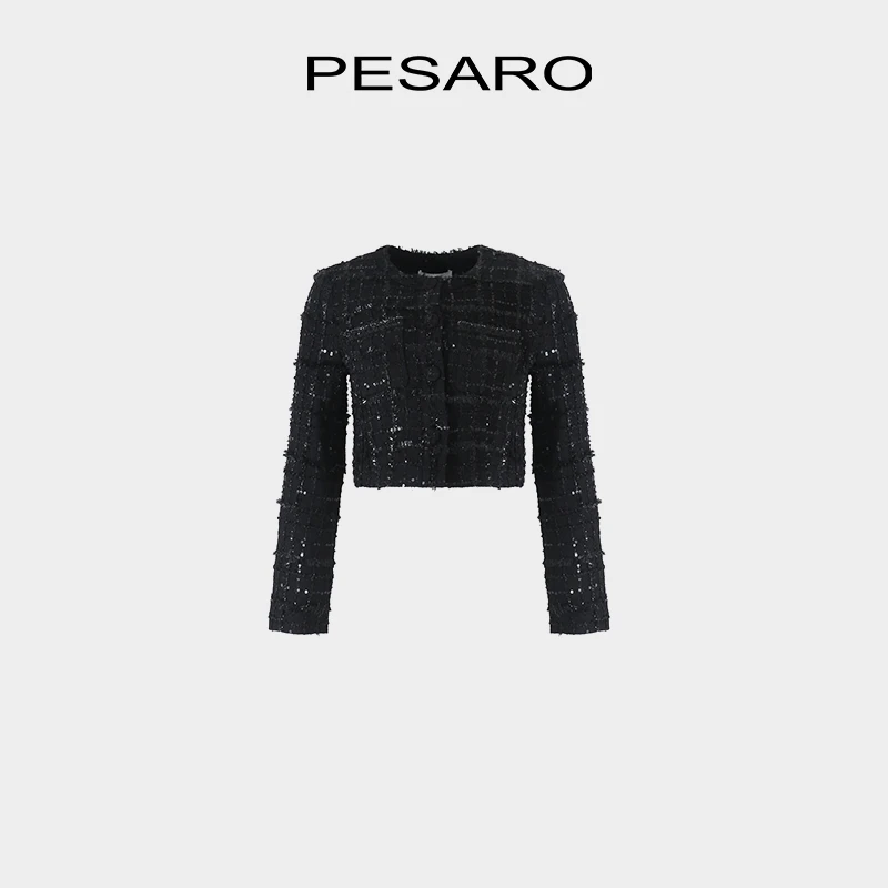 PESAROPESARO蕙玲气质黑色短外套粗花呢材质纽扣设时尚4209-9A02