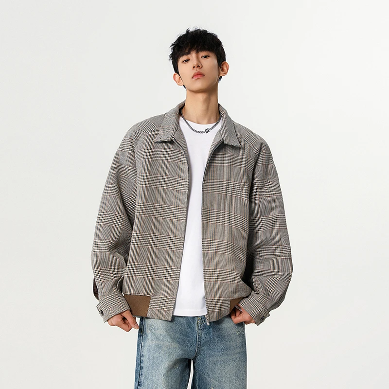 老钱风拼接千鸟格廓形外套男款春秋季cleanfit美式潮牌翻领夹克衫