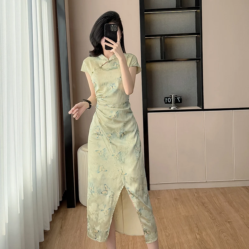 2025夏季新款新中式缎面复古提花改良旗袍连衣裙女