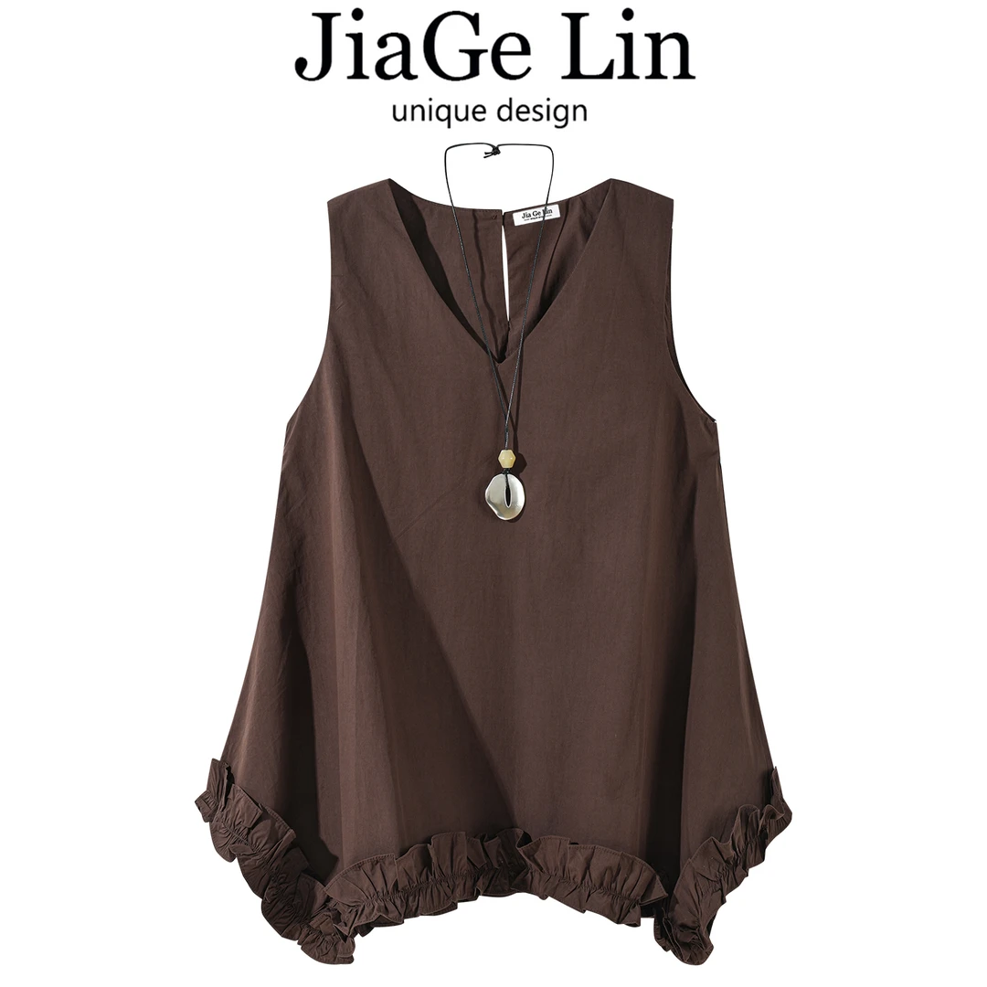 JiaGeLin韩系设计感V领木耳边无袖衬衫别致小衫女夏洋气百搭上衣