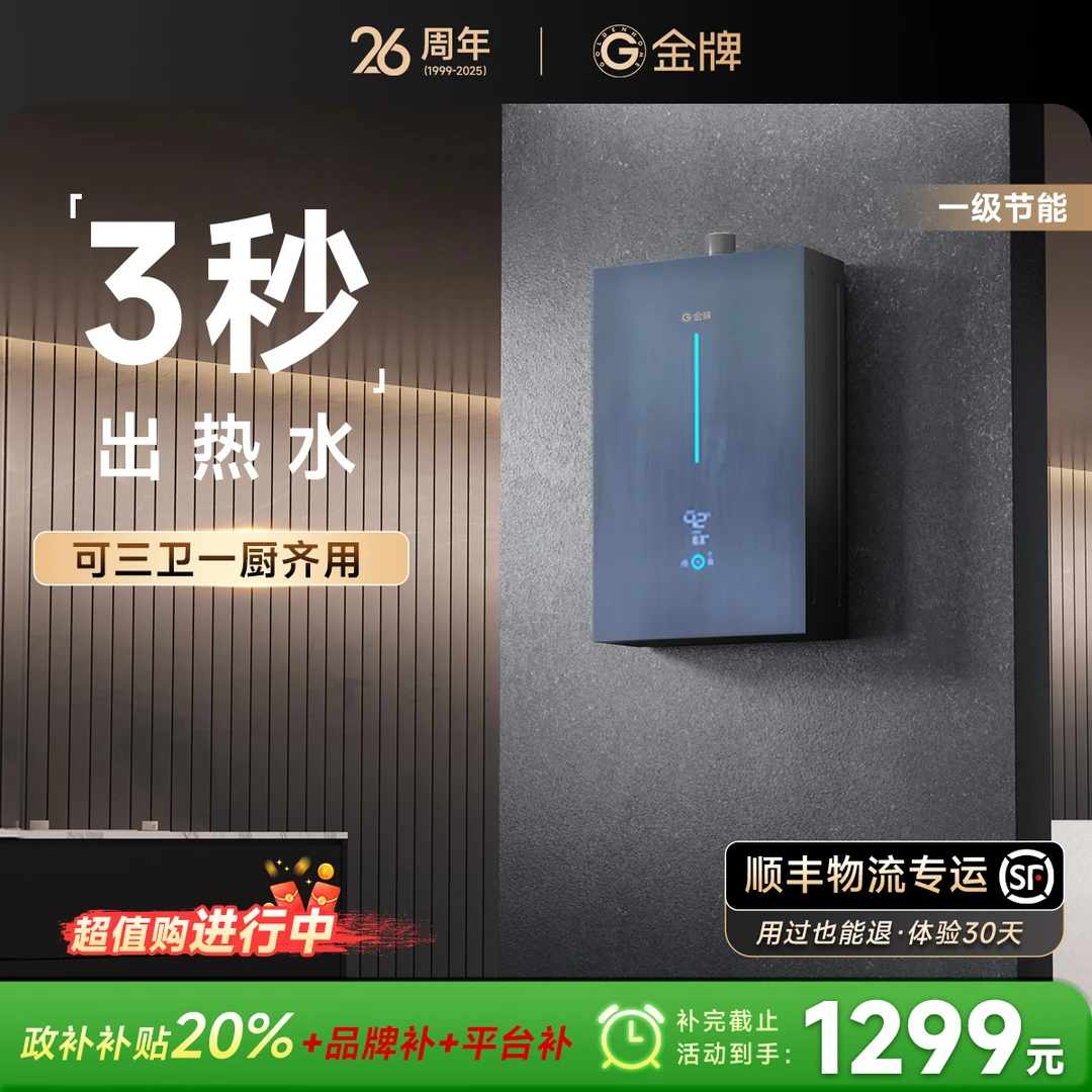 金牌GOLDENHOME恒温强排式可变升无氧铜水箱随温感燃气热水器