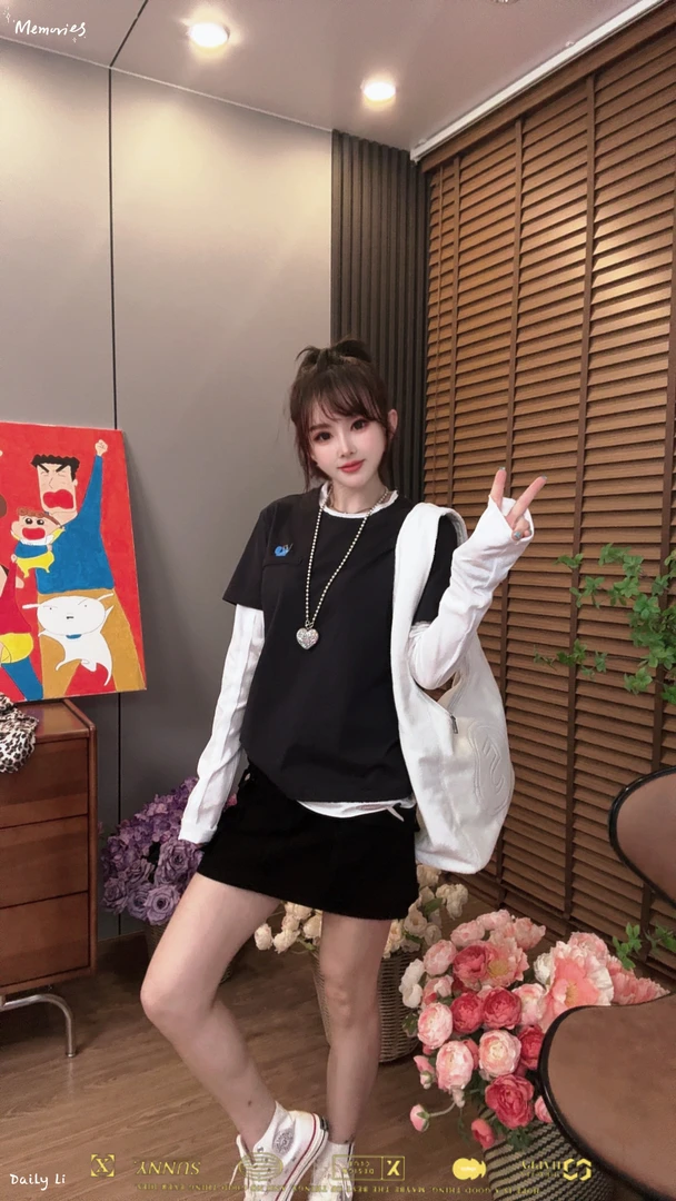 【王小小9043】假两件拼接T恤长袖小众不规则百搭显瘦上衣