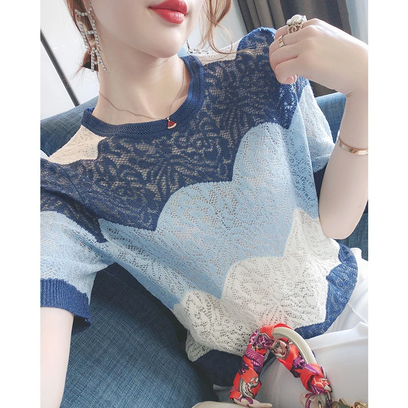 薄款宽松短袖女镂空夏季毛针织衫显瘦设计感百搭蕾丝上衣洋气时尚