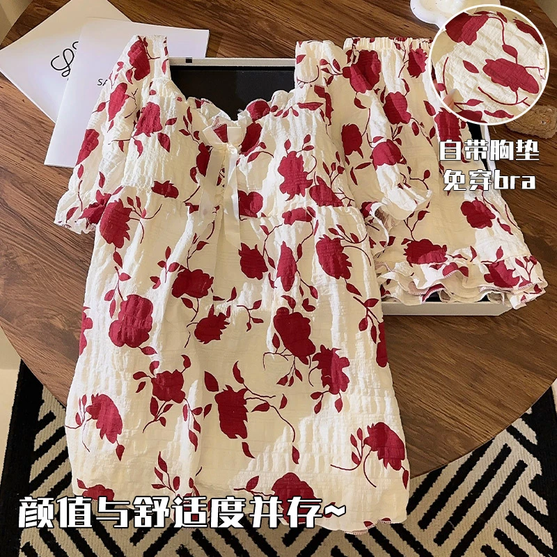 2025新款睡衣女款夏季天红枫叶小个子套装带胸垫云朵棉家居服薄款