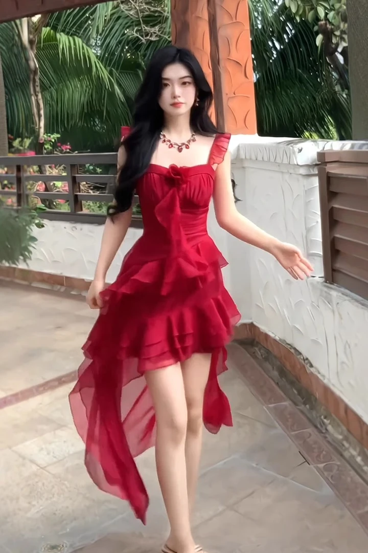 纯欲风辣妹红色玫瑰法式连衣裙女夏季不规则海边度假收腰显瘦长裙