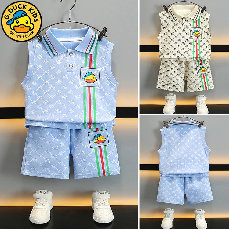 【小黄鸭专柜】儿童夏季满印无袖POLO领背心短裤套装