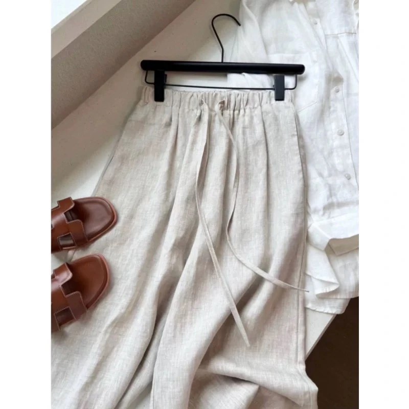 麻本色天丝亚麻高密度夏季透气阔腿直筒裤宽松休闲裤
