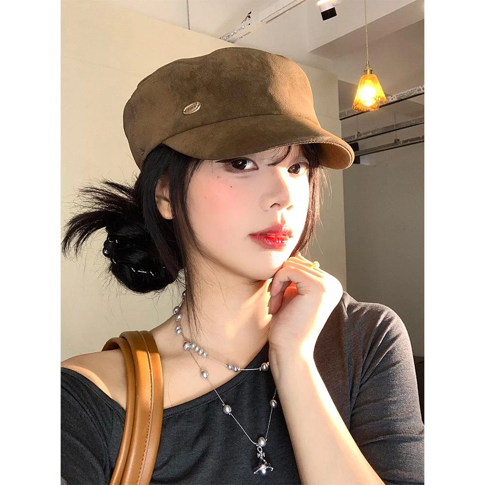 美拉德麂皮绒复古贝雷帽女日系大头围平顶马术帽显脸小鸭舌帽子