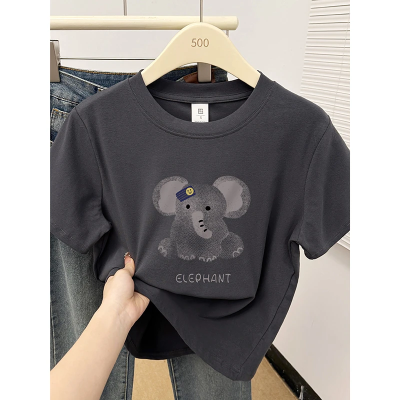 韩系洋气印花正肩短袖T恤女夏季2025新款圆领ins风大码显瘦上衣服