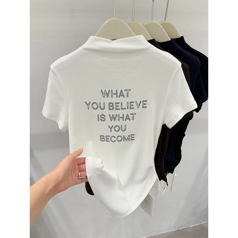 韩版半高领字母印花短袖T恤女2025早秋新款修身显瘦百搭洋气上衣