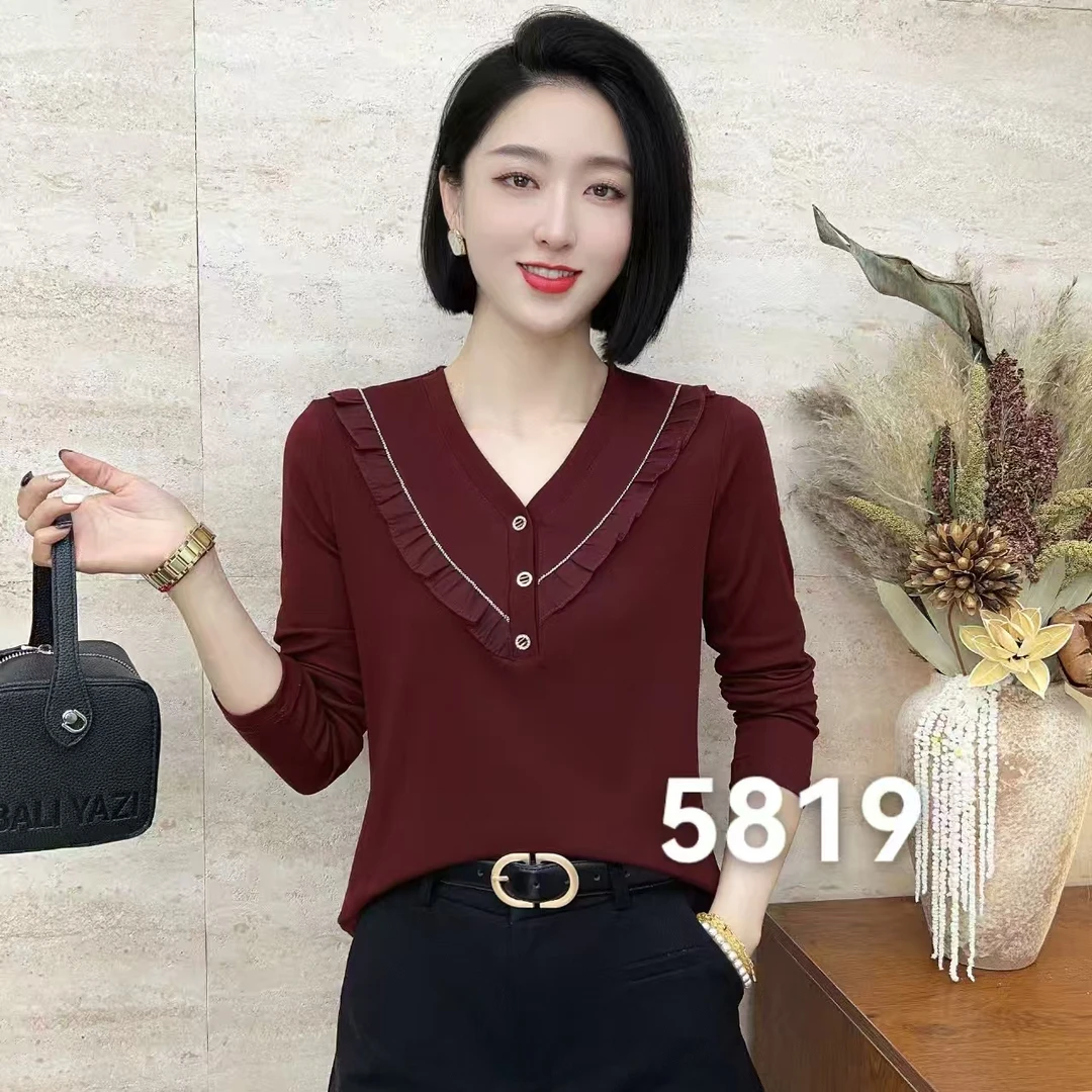 2025新品法式V领加绒拼接洋气小衫5817