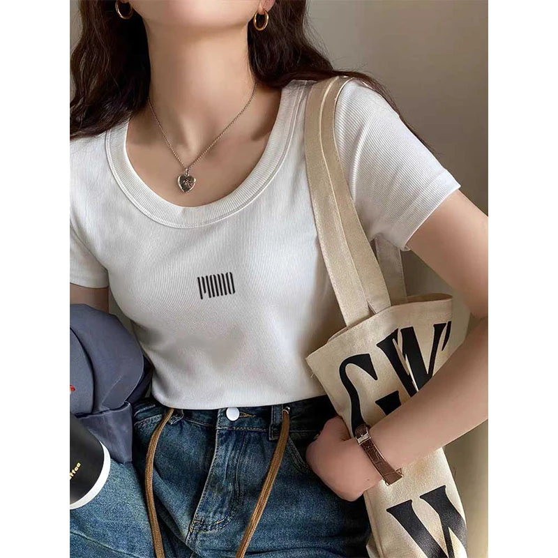 正肩上衣螺纹短袖t恤打底衫时尚百搭修身显瘦款小众内搭2025夏季