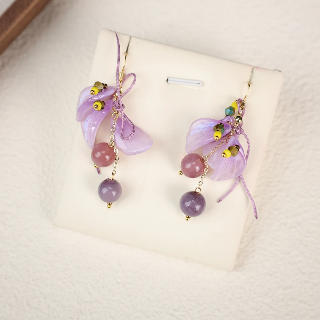 合金耳饰 LZ3108-1紫罗兰花瓣香芋紫琉璃耳环