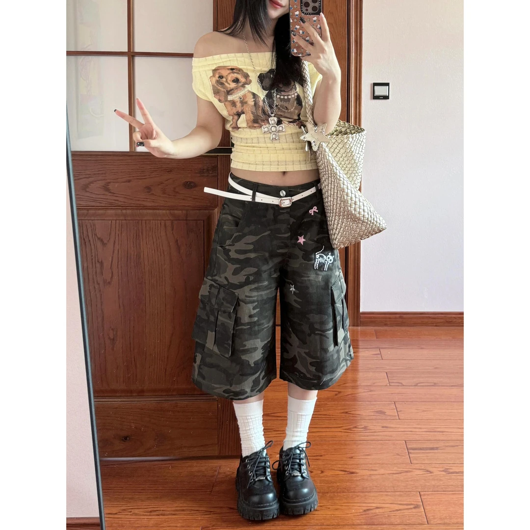 大码复古廓形休闲迷彩七分牛仔裤女夏季新款多口袋宽松工装短裤潮