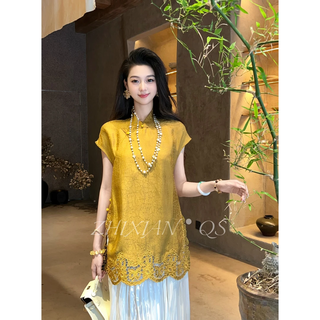 【智贤轻奢】金龟-25年夏季新款龟裂纹刺绣拼接两色包袖小上衣