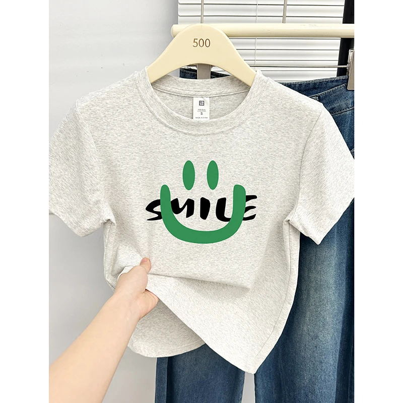 正肩短袖T恤女夏季2025韩版小众设计感笑脸印花圆领休闲半袖上衣