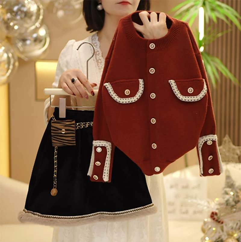 【米小洛】2025冬季新款小香风针织开衫A字裙时尚气质女童套装