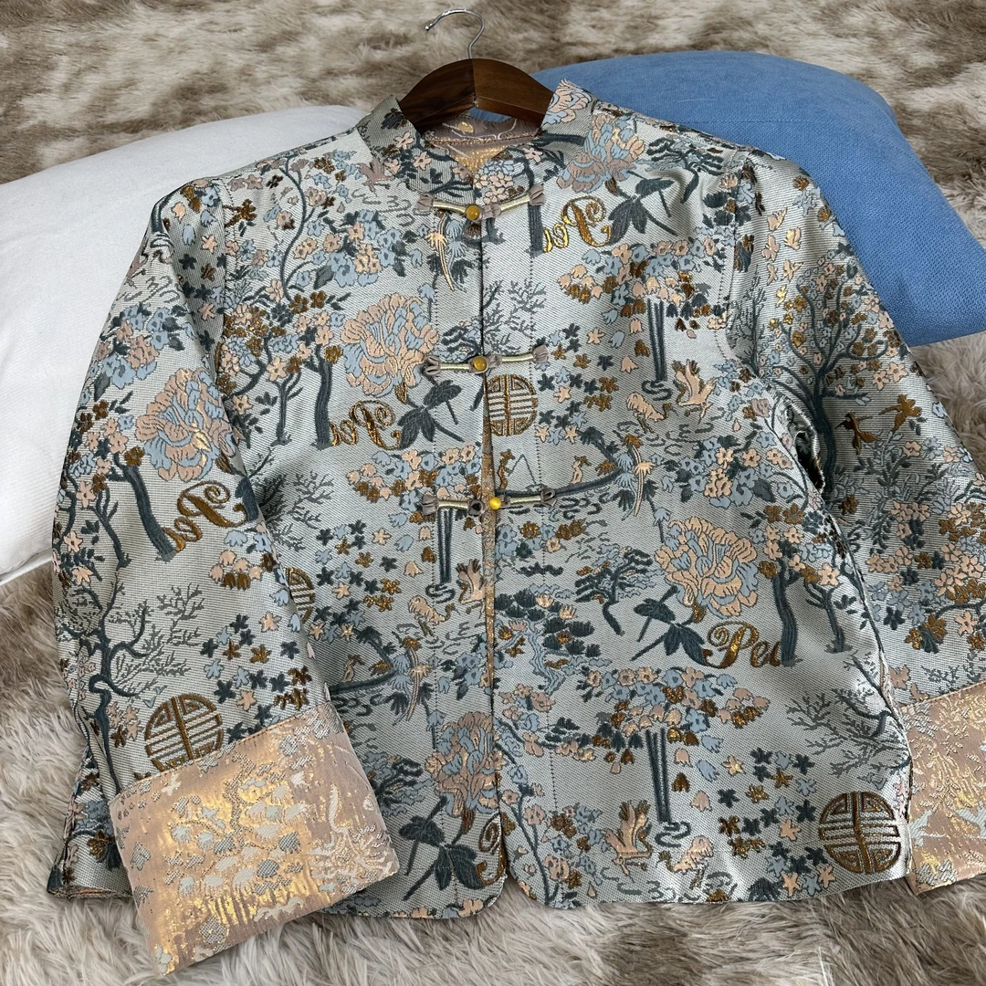 8878新中式立领春季孔雀蓝刺绣短外套牛仔中式长袖