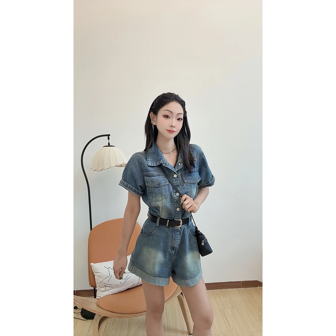 港风工装牛仔连体裤女2025夏季新款高级感洋气减龄短袖阔腿短裤子