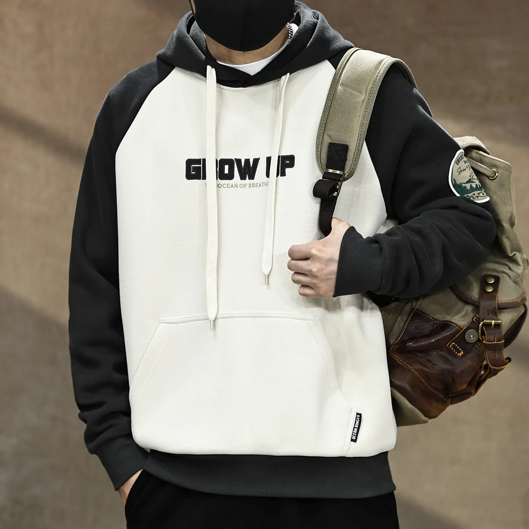 美式高端复古390g重磅连帽卫衣男秋季潮牌拼接学院风宽松刺绣外套