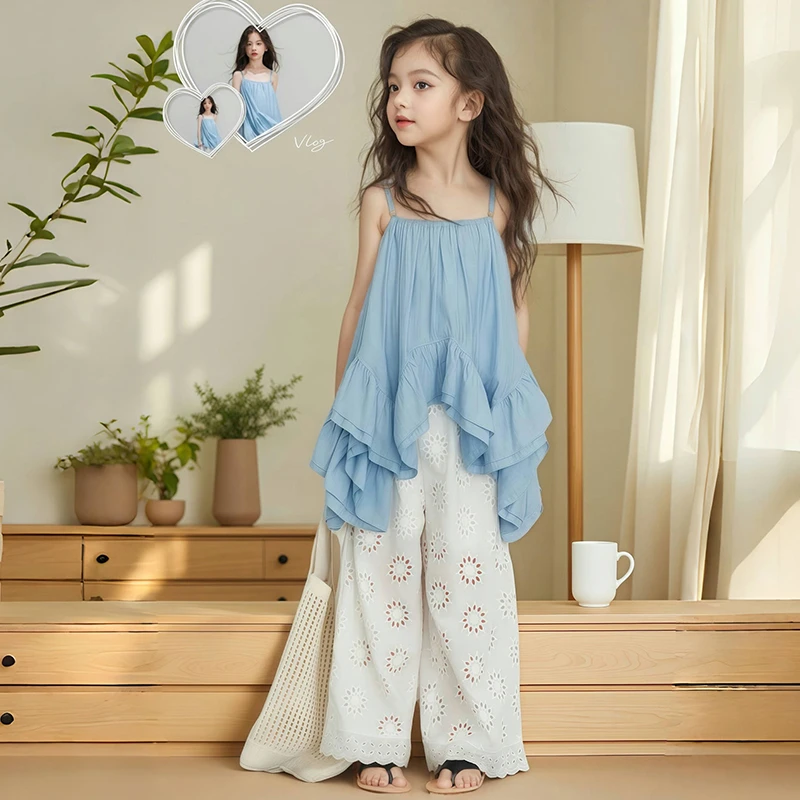 童装女童蓝色吊带上衣2025夏季新款儿童镂空提花韩系长裤两件套潮