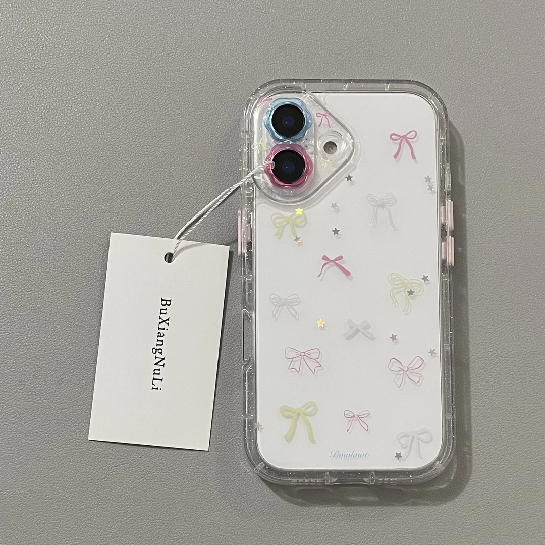 透色底ins线条彩色蝴蝶结适用苹果16pro手机壳iPhone15全包14/13