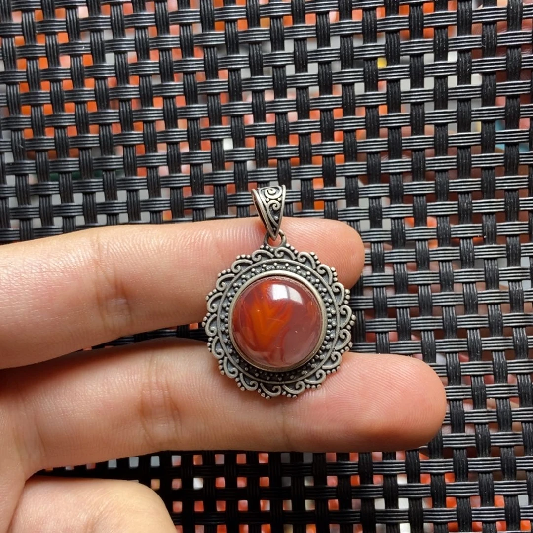 南红玛瑙银S925镶嵌吊坠(不含链)