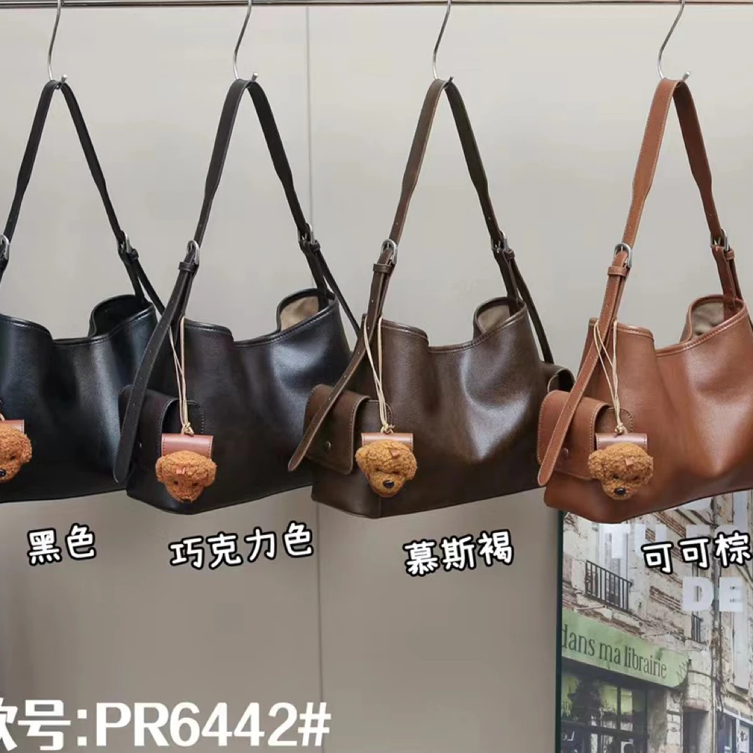 奚梦瑶同款植鞣牛皮hobo包单肩斜挎包大容量通勤包包女