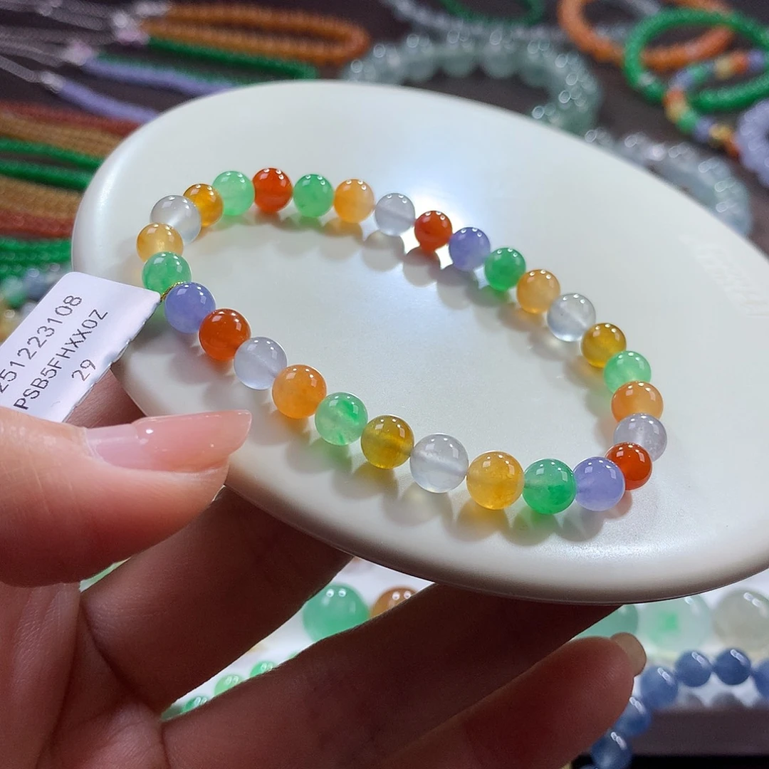 翡翠未镶嵌手链！高品质浓艳彩虹圆珠卡5.5-6.5