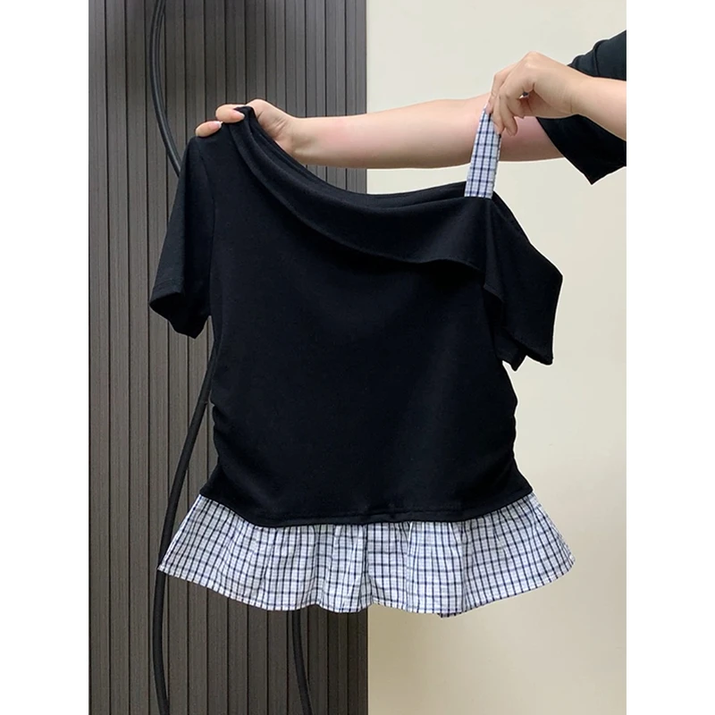 大码时尚小众正肩格子拼接斜肩短袖t恤女夏季百搭遮肉显瘦上衣ins
