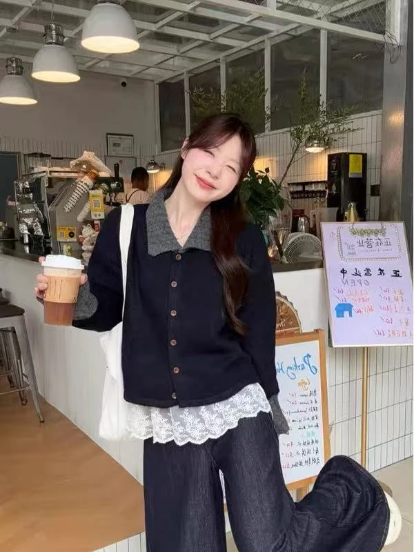 慵懒风设计感撞色翻领条纹毛衣女2025秋季新款宽松长袖针织上衣潮