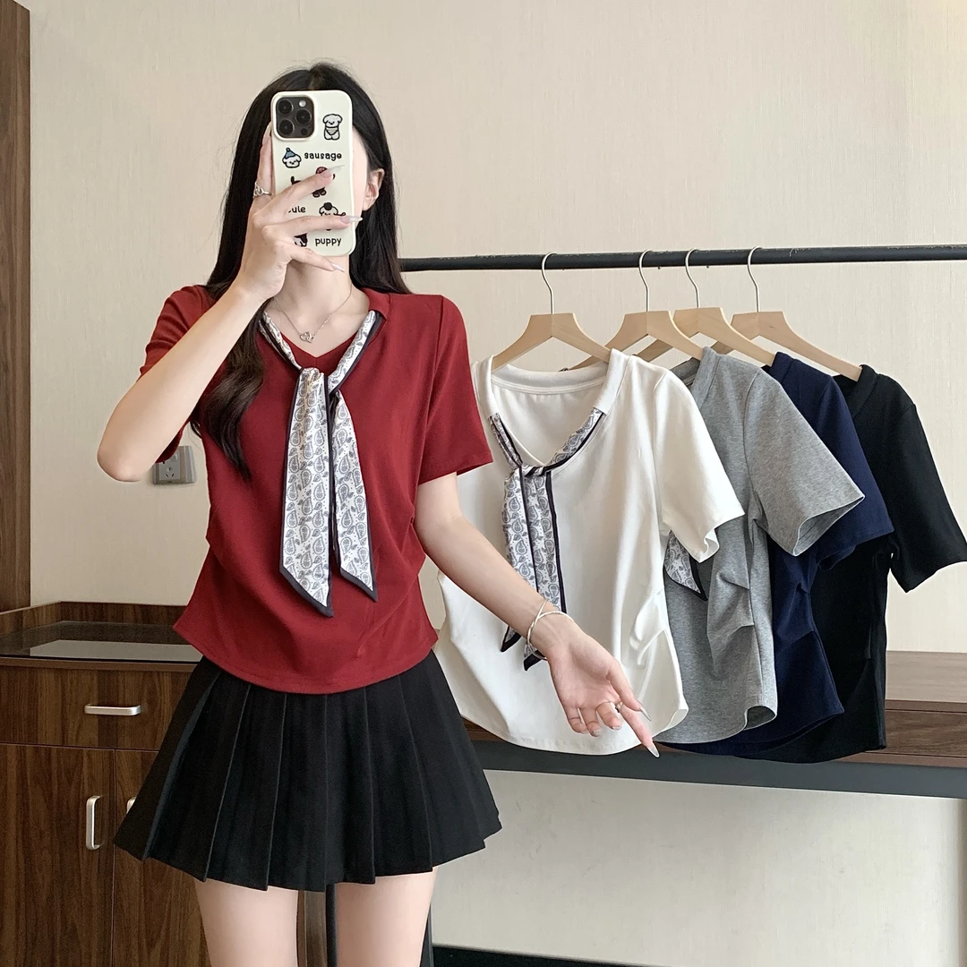 2025年夏季新款大码女装设计感丝巾系带短袖T恤女 3296