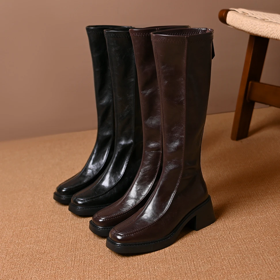 方头粗跟包腿显瘦不过膝弹力靴秋冬新款后拉链百搭通勤时装长筒靴