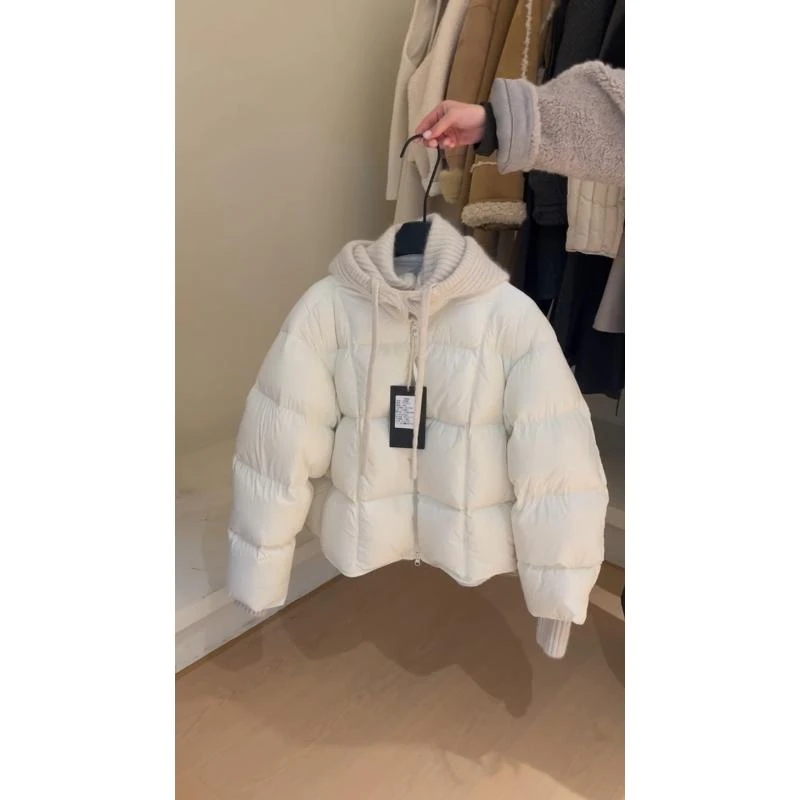 韩系温柔风设计感针织连帽拼接棉服2025秋新款冬加厚保暖女外套