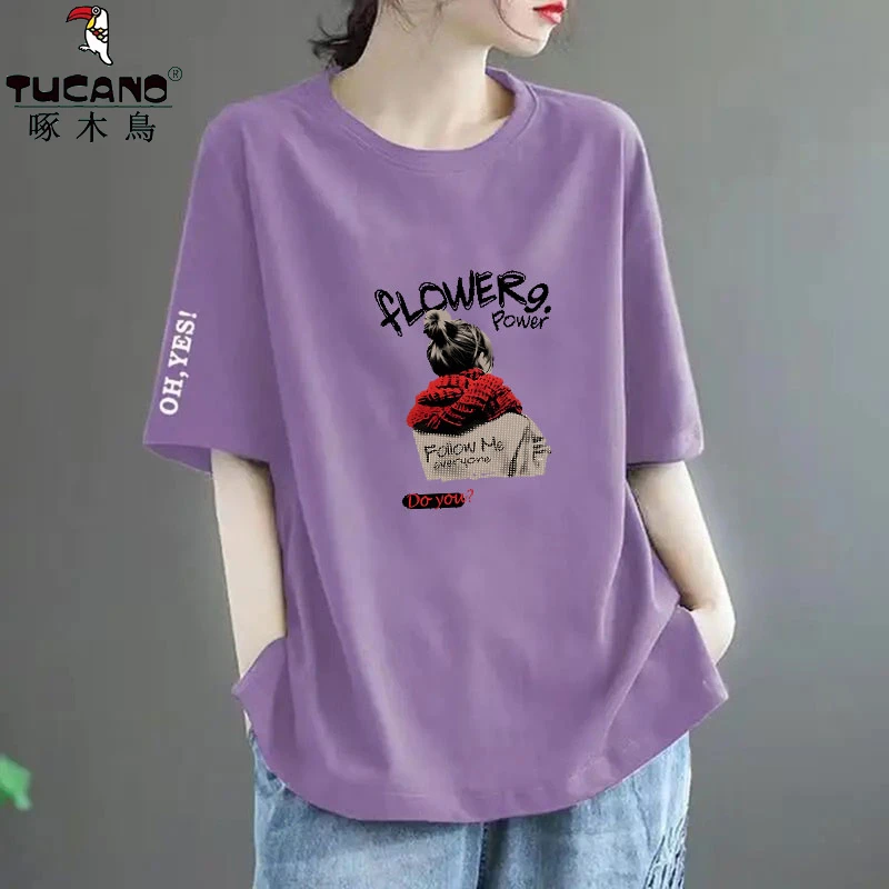 啄木鸟纯棉t恤新款大码显瘦短袖小众百搭洋气圆领休闲上衣设计感