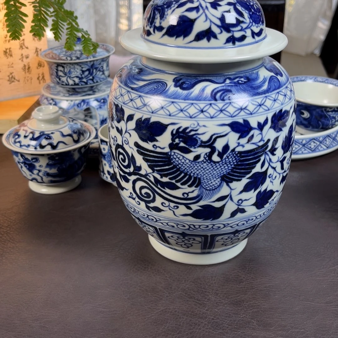 福***团朝岚夕霞窑原矿釉烧制全手绘青花茶叶罐