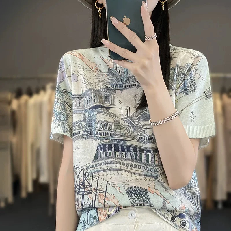 9281女印花短袖T恤韩版百搭针织打底衫