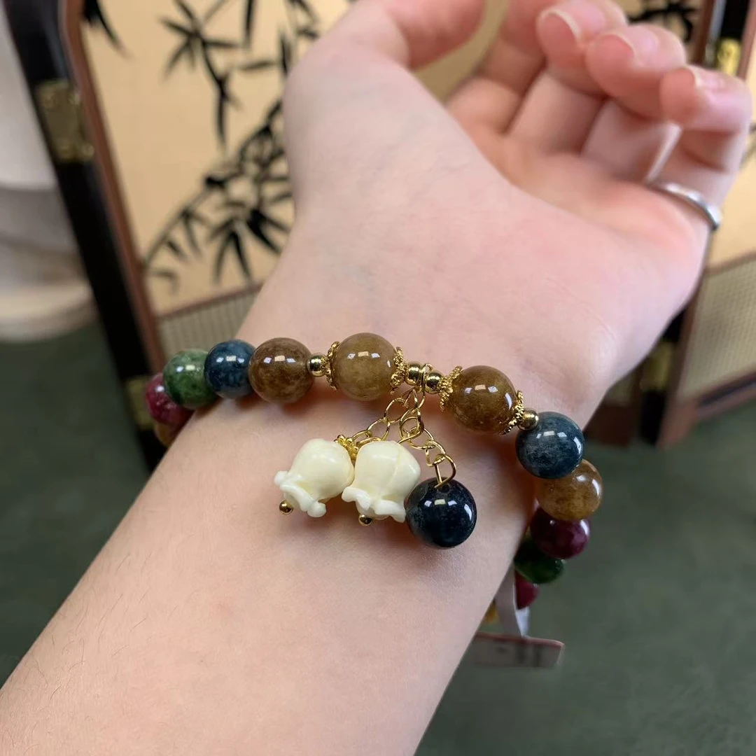 MK1059天然石七彩碧玺铃兰花手链珠子8mm