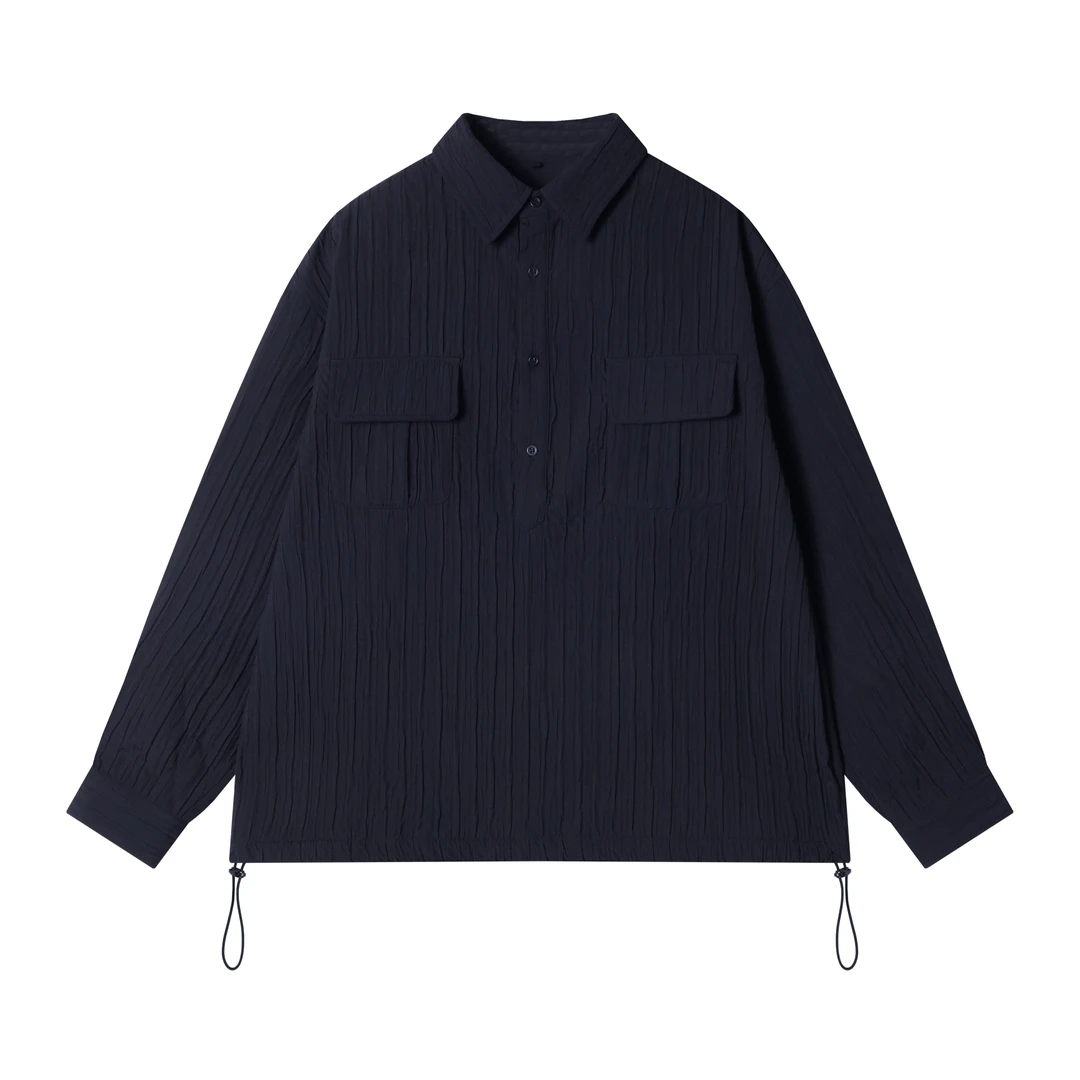 早春新款时尚个性纯色口袋半纽扣翻领上衣小众设计感褶皱情侣百搭