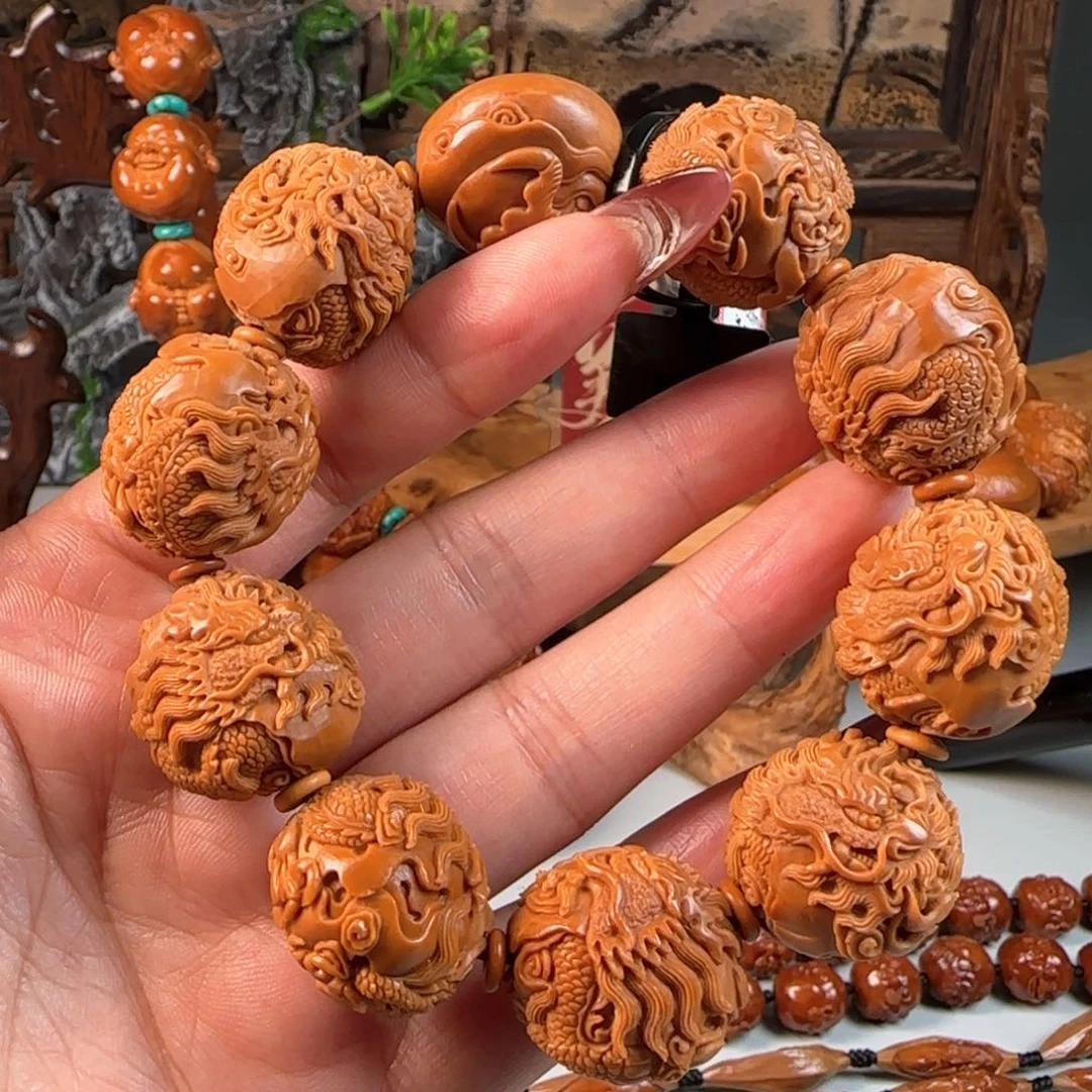 橄榄核手串/手链宽2.2梅林鸡血红核九龙戏珠