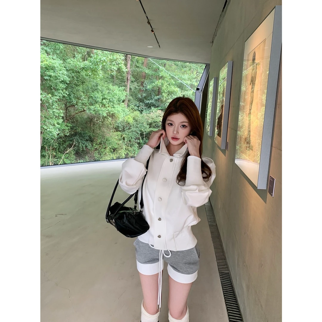 白色单排扣立领长袖外套女秋季2025新款美式宽松开衫休闲气质上衣