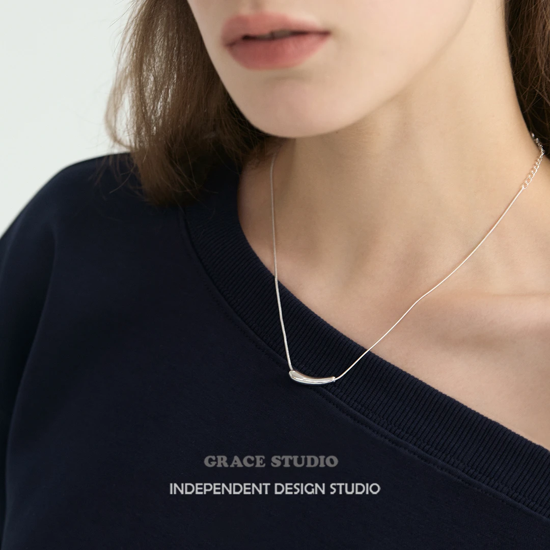 坠链均925银 G/S 极简冷淡风高级感纯银微笑锁骨链简约银管项链