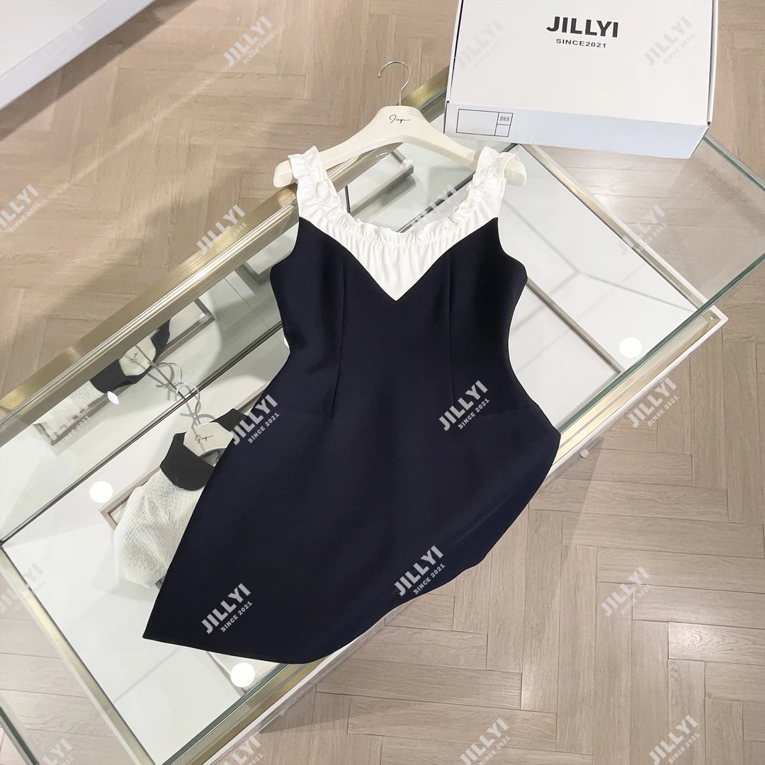 JILLYI珠海店【宫廷撞色】黑白撞色U型花瓣领口时尚百搭显瘦气质连