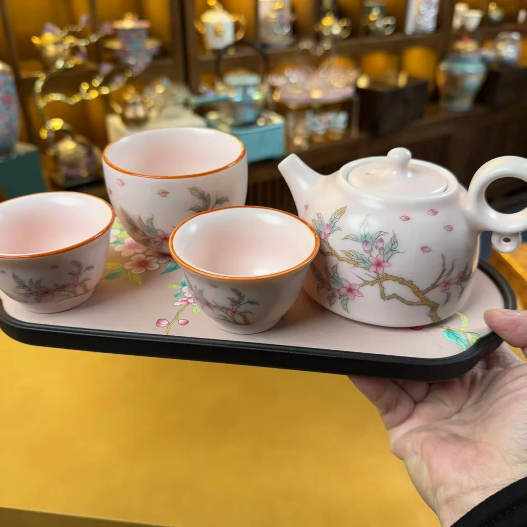 ZHSF014粉色汝窑桃花一壶两杯茶壶茶盘套组四件套精品茶具