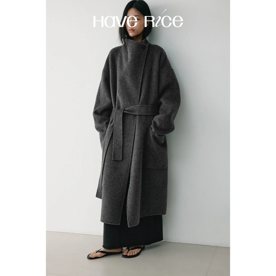 【雾野大衣】骆驼绒牦牛绒羊毛双面呢长毛立翻领外套