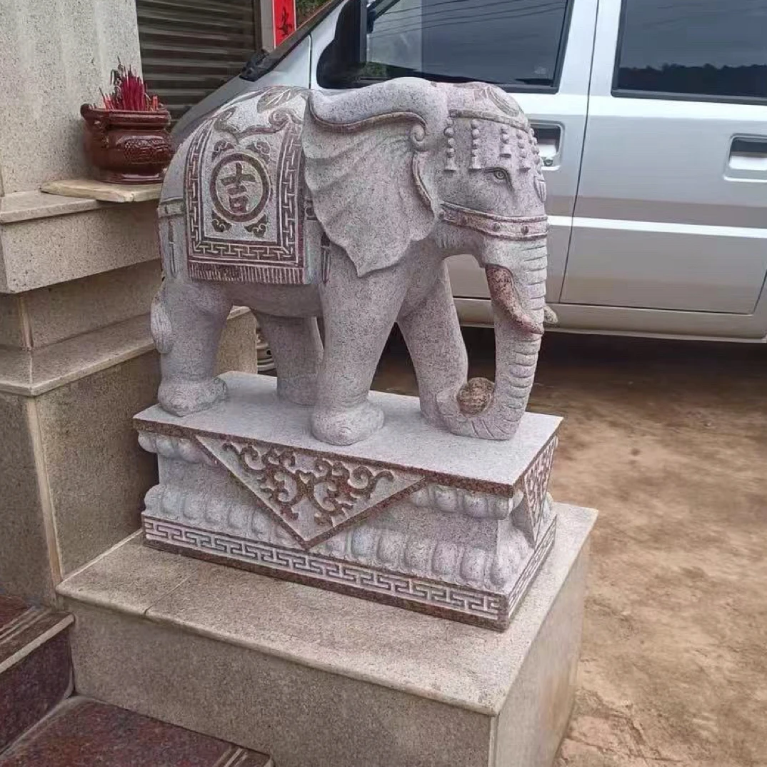 花岗岩富贵红石雕大象一对天然石象别墅酒店门口吉象招财摆件