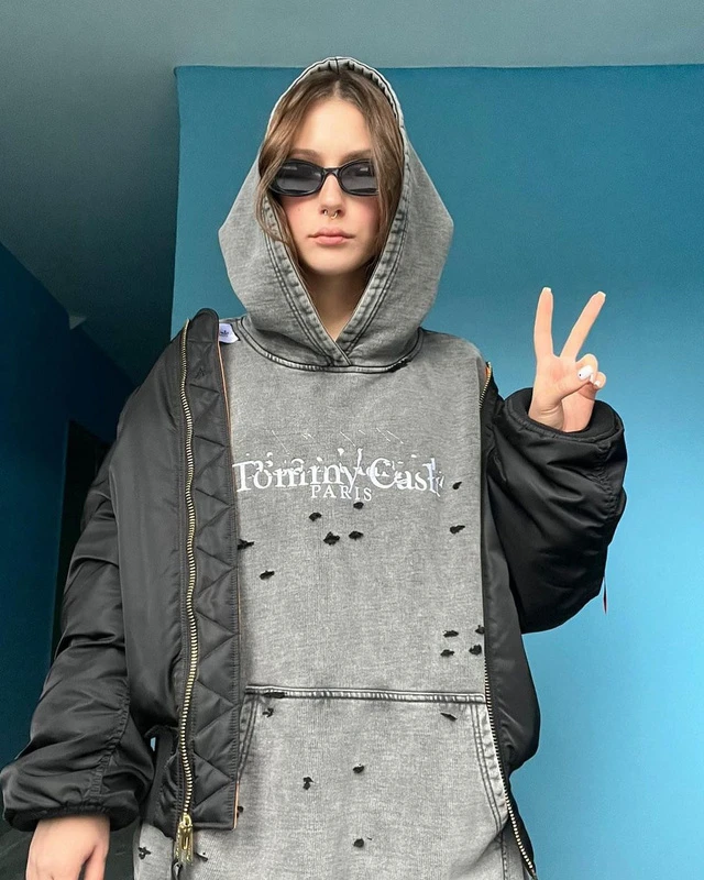 Destroyed Hoodie/BLK 重洗水刺绣破坏帽衫东欧说唱歌手复古高街